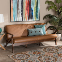 Baxton Studio Bianca-Tan/Walnut Brown-SF Bianca Mid-Century Modern Walnut Brown Finished Wood and Tan Faux Leather Effect Sofax